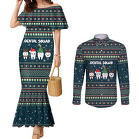 Funny Christmas Dental Squad Tooth Characters Couples Matching Mermaid Dress and Long Sleeve Button Shirt Snowflake Pattern Design - Wonder Print Shop