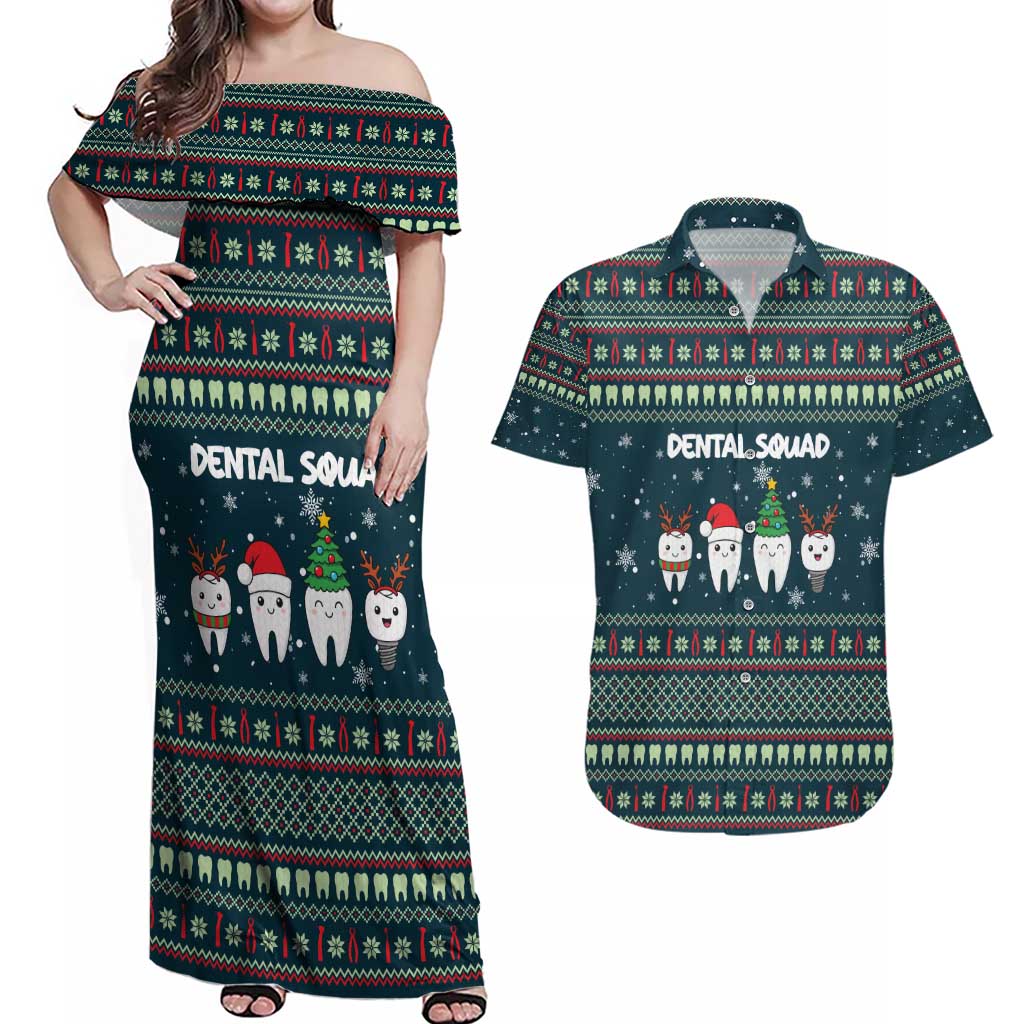 Funny Christmas Dental Squad Tooth Characters Couples Matching Off Shoulder Maxi Dress and Hawaiian Shirt Snowflake Pattern Design - Wonder Print Shop