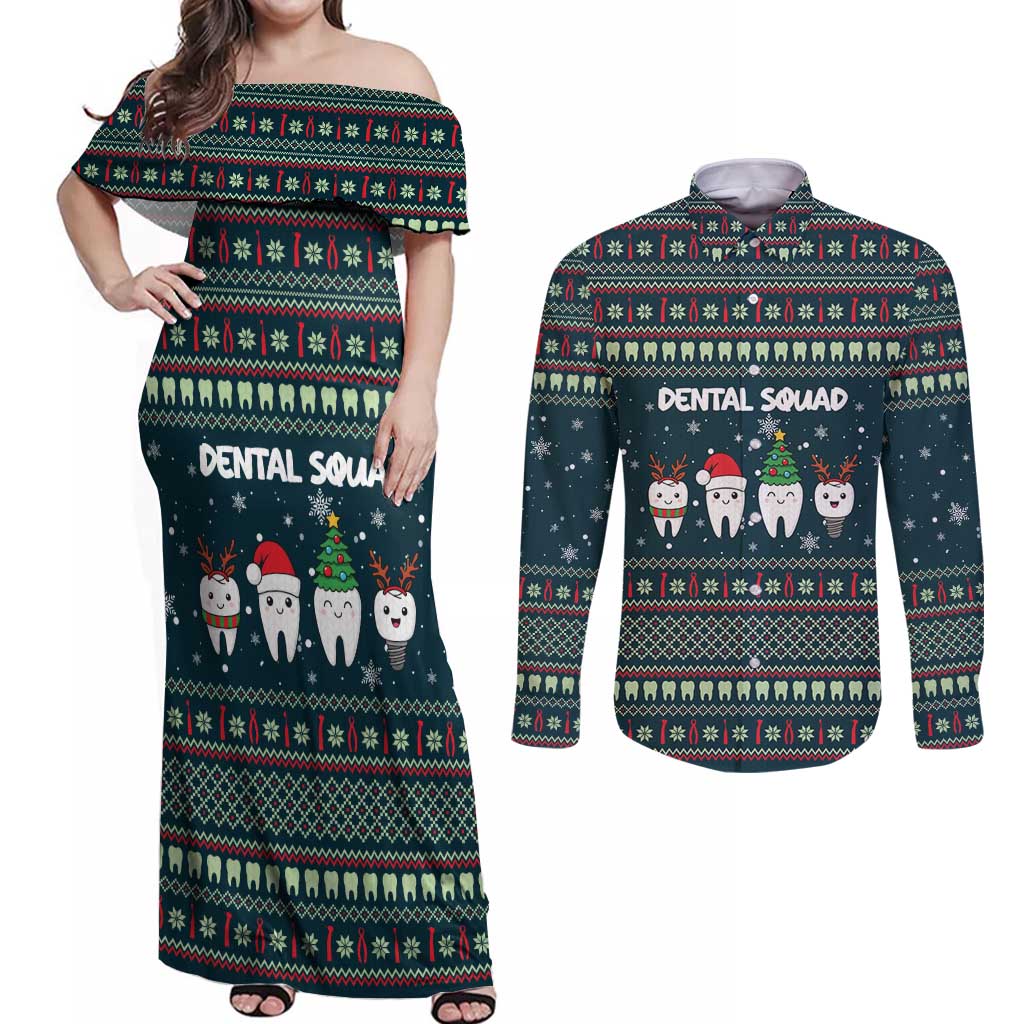 Funny Christmas Dental Squad Tooth Characters Couples Matching Off Shoulder Maxi Dress and Long Sleeve Button Shirt Snowflake Pattern Design - Wonder Print Shop