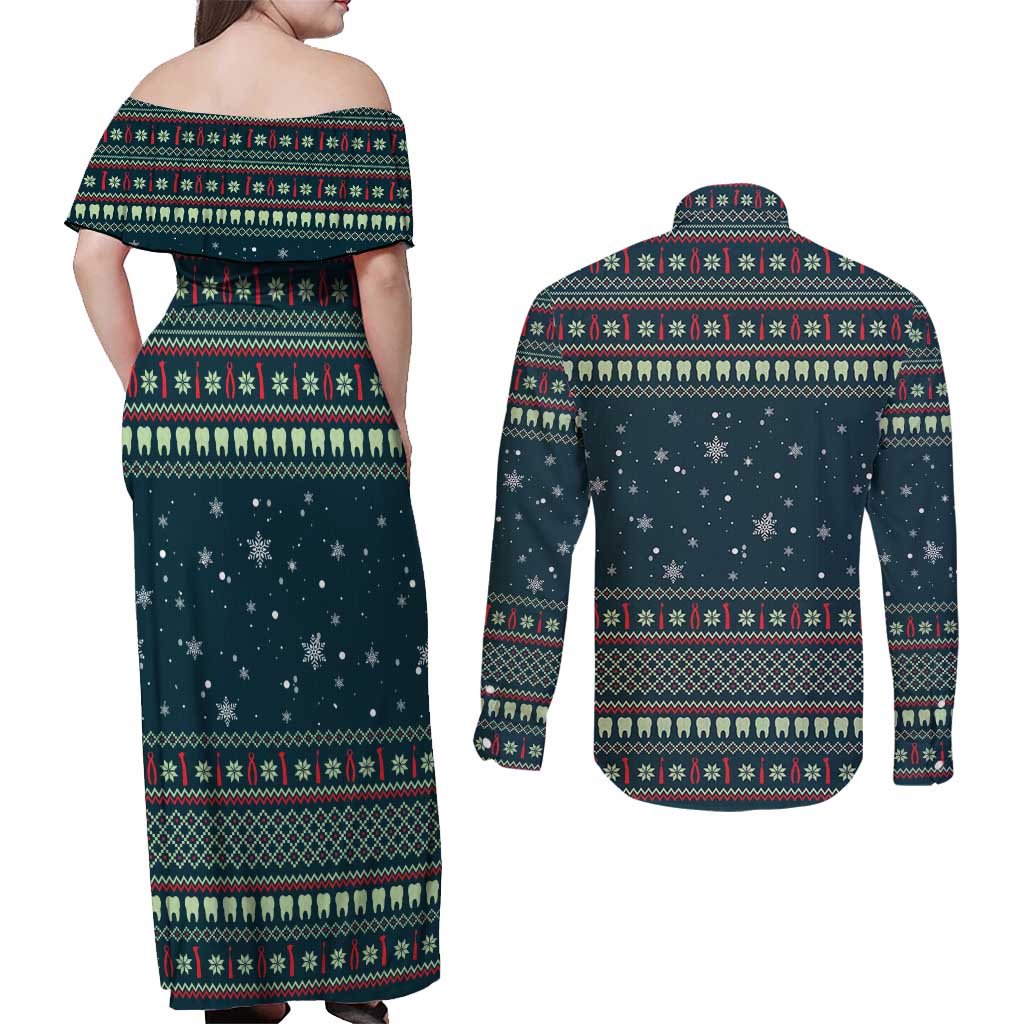 Funny Christmas Dental Squad Tooth Characters Couples Matching Off Shoulder Maxi Dress and Long Sleeve Button Shirt Snowflake Pattern Design - Wonder Print Shop