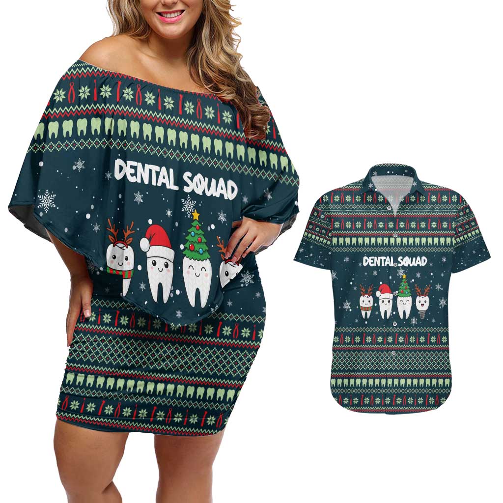 Funny Christmas Dental Squad Tooth Characters Couples Matching Off Shoulder Short Dress and Hawaiian Shirt Snowflake Pattern Design - Wonder Print Shop