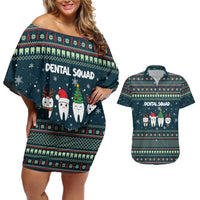 Funny Christmas Dental Squad Tooth Characters Couples Matching Off Shoulder Short Dress and Hawaiian Shirt Snowflake Pattern Design - Wonder Print Shop