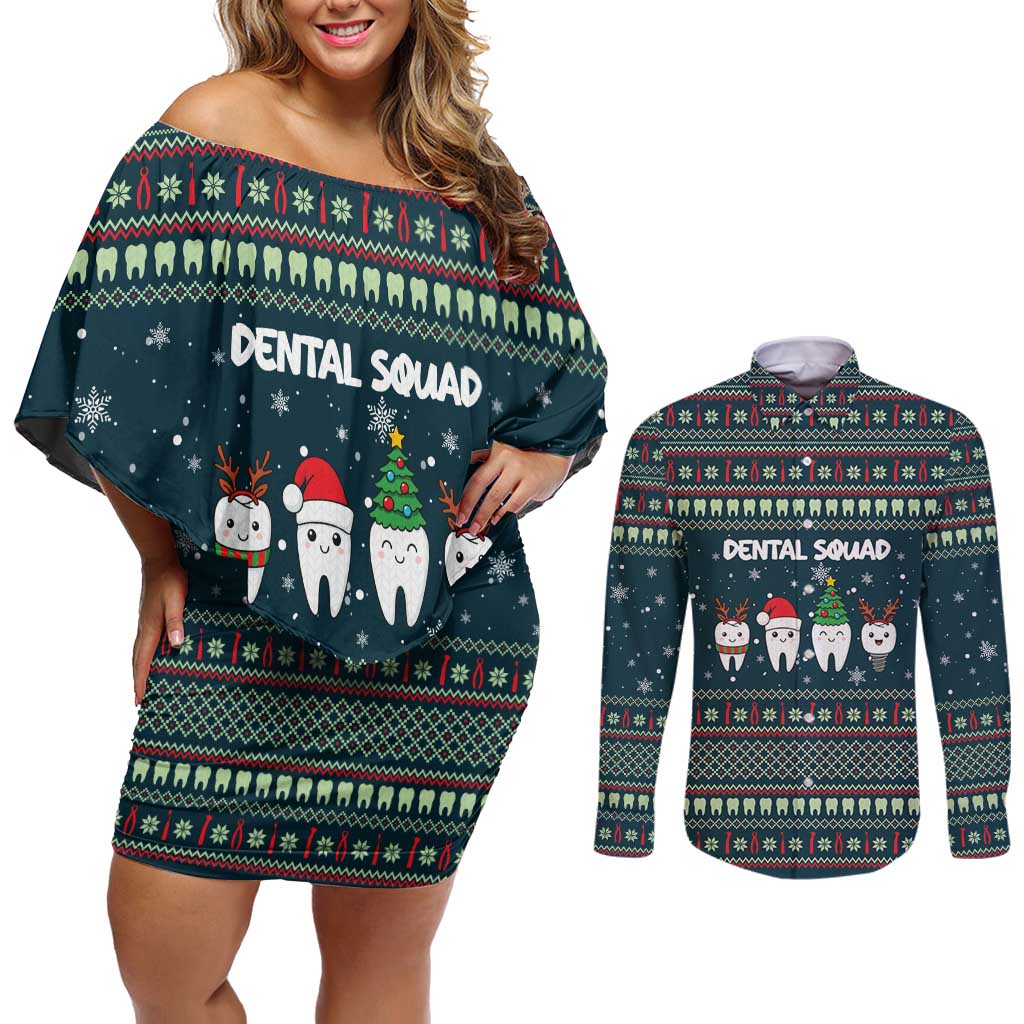 Funny Christmas Dental Squad Tooth Characters Couples Matching Off Shoulder Short Dress and Long Sleeve Button Shirt Snowflake Pattern Design - Wonder Print Shop
