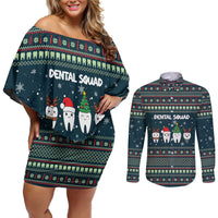 Funny Christmas Dental Squad Tooth Characters Couples Matching Off Shoulder Short Dress and Long Sleeve Button Shirt Snowflake Pattern Design - Wonder Print Shop