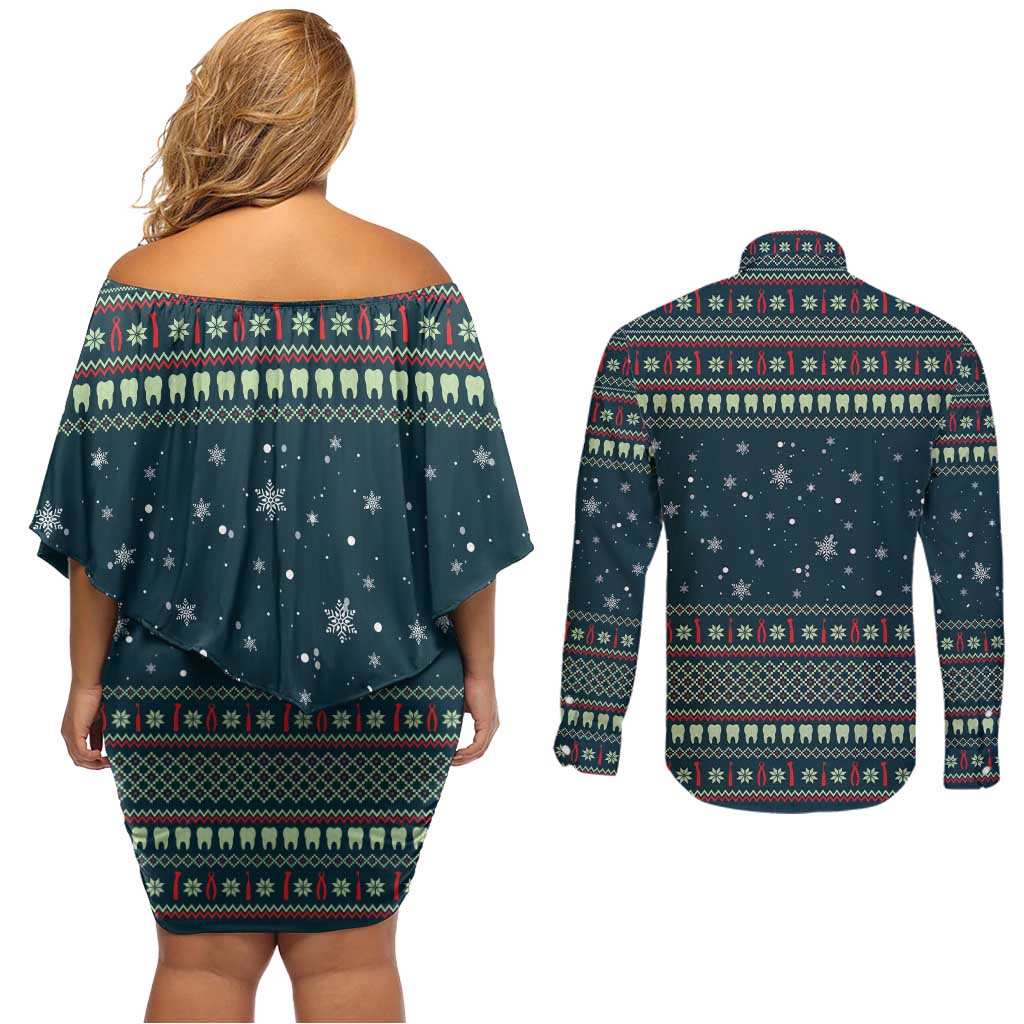 Funny Christmas Dental Squad Tooth Characters Couples Matching Off Shoulder Short Dress and Long Sleeve Button Shirt Snowflake Pattern Design - Wonder Print Shop