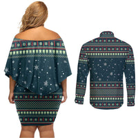 Funny Christmas Dental Squad Tooth Characters Couples Matching Off Shoulder Short Dress and Long Sleeve Button Shirt Snowflake Pattern Design - Wonder Print Shop