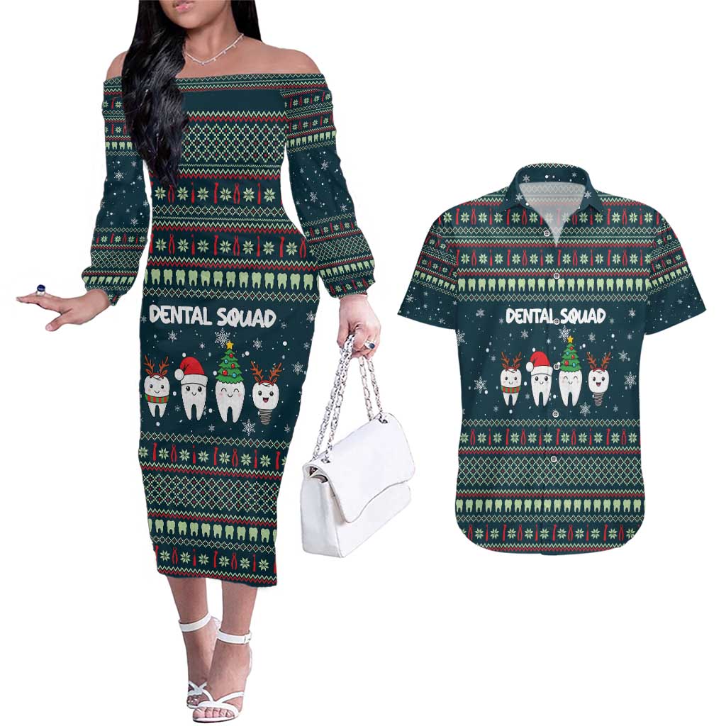 Funny Christmas Dental Squad Tooth Characters Couples Matching Off The Shoulder Long Sleeve Dress and Hawaiian Shirt Snowflake Pattern Design - Wonder Print Shop