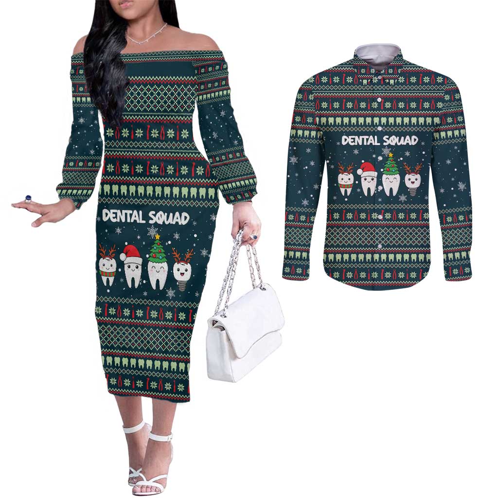 Funny Christmas Dental Squad Tooth Characters Couples Matching Off The Shoulder Long Sleeve Dress and Long Sleeve Button Shirt Snowflake Pattern Design - Wonder Print Shop