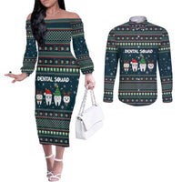 Funny Christmas Dental Squad Tooth Characters Couples Matching Off The Shoulder Long Sleeve Dress and Long Sleeve Button Shirt Snowflake Pattern Design - Wonder Print Shop