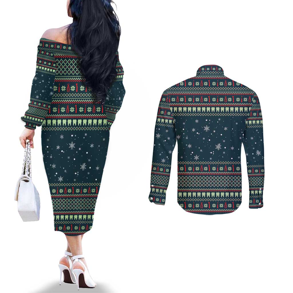 Funny Christmas Dental Squad Tooth Characters Couples Matching Off The Shoulder Long Sleeve Dress and Long Sleeve Button Shirt Snowflake Pattern Design - Wonder Print Shop