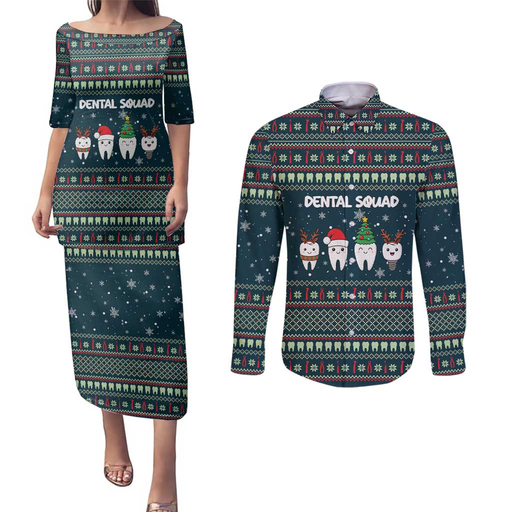 Funny Christmas Dental Squad Tooth Characters Couples Matching Puletasi and Long Sleeve Button Shirt Snowflake Pattern Design - Wonder Print Shop