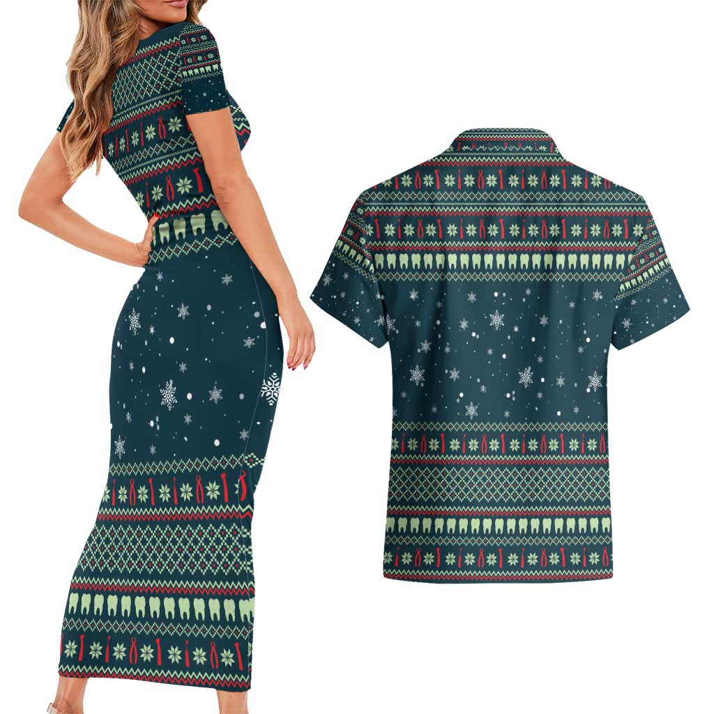 Funny Christmas Dental Squad Tooth Characters Couples Matching Short Sleeve Bodycon Dress and Hawaiian Shirt Snowflake Pattern Design - Wonder Print Shop