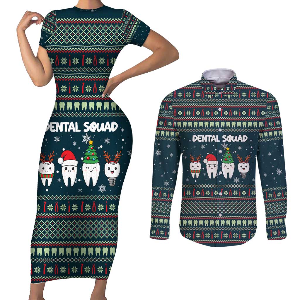 Funny Christmas Dental Squad Tooth Characters Couples Matching Short Sleeve Bodycon Dress and Long Sleeve Button Shirt Snowflake Pattern Design - Wonder Print Shop