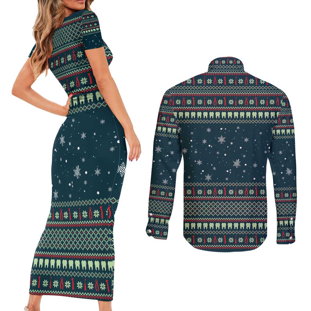 Funny Christmas Dental Squad Tooth Characters Couples Matching Short Sleeve Bodycon Dress and Long Sleeve Button Shirt Snowflake Pattern Design - Wonder Print Shop