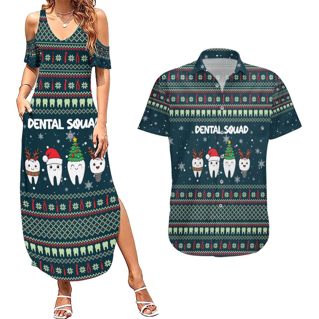 Funny Christmas Dental Squad Tooth Characters Couples Matching Summer Maxi Dress and Hawaiian Shirt Snowflake Pattern Design - Wonder Print Shop