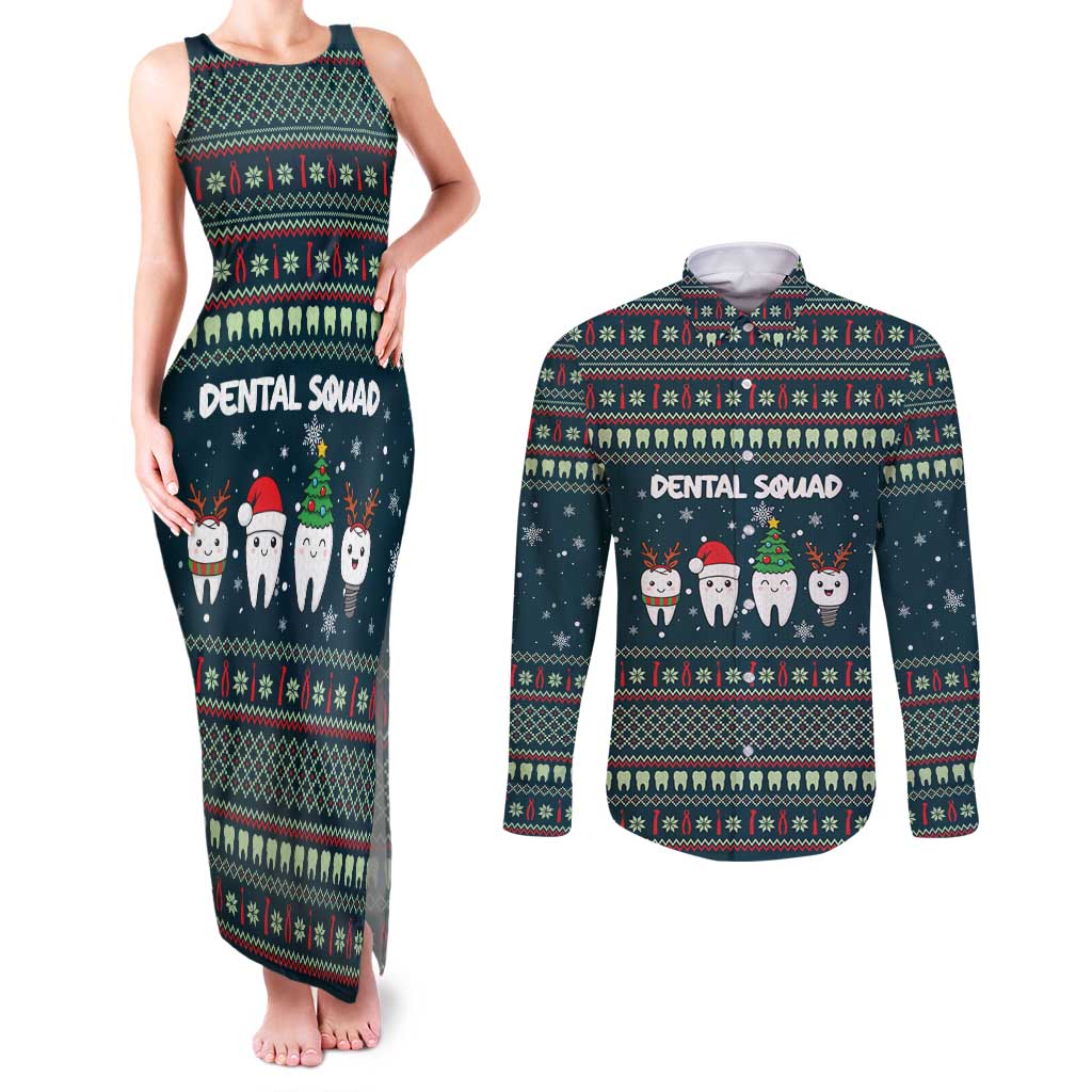 Funny Christmas Dental Squad Tooth Characters Couples Matching Tank Maxi Dress and Long Sleeve Button Shirt Snowflake Pattern Design - Wonder Print Shop
