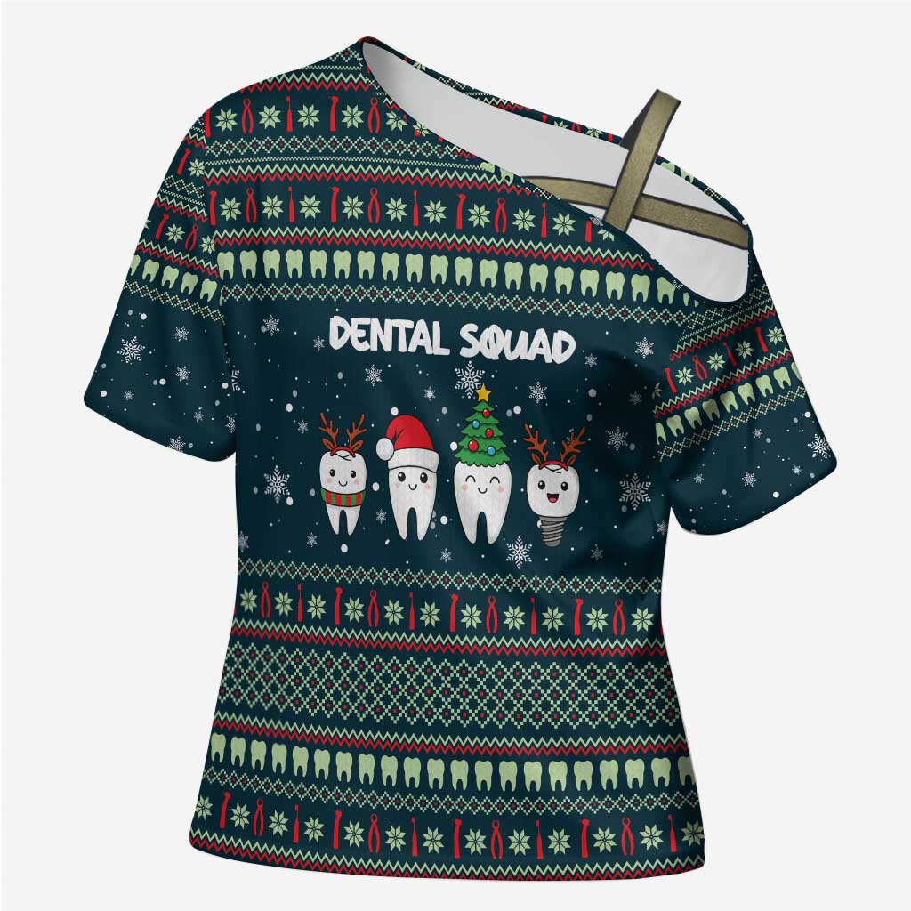 Funny Christmas Dental Squad Tooth Characters Cross Shoulder Shirt Snowflake Pattern Design - Wonder Print Shop