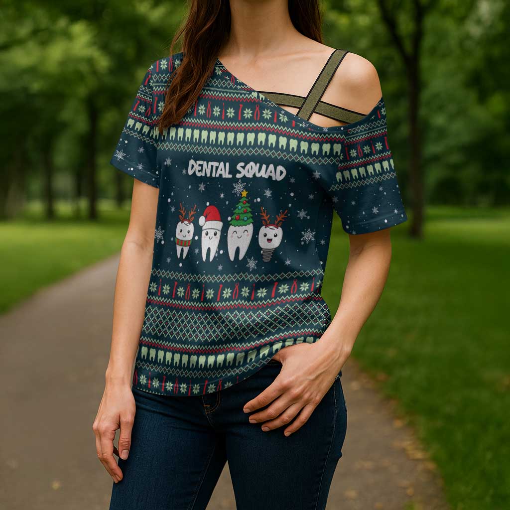 Funny Christmas Dental Squad Tooth Characters Cross Shoulder Shirt Snowflake Pattern Design - Wonder Print Shop