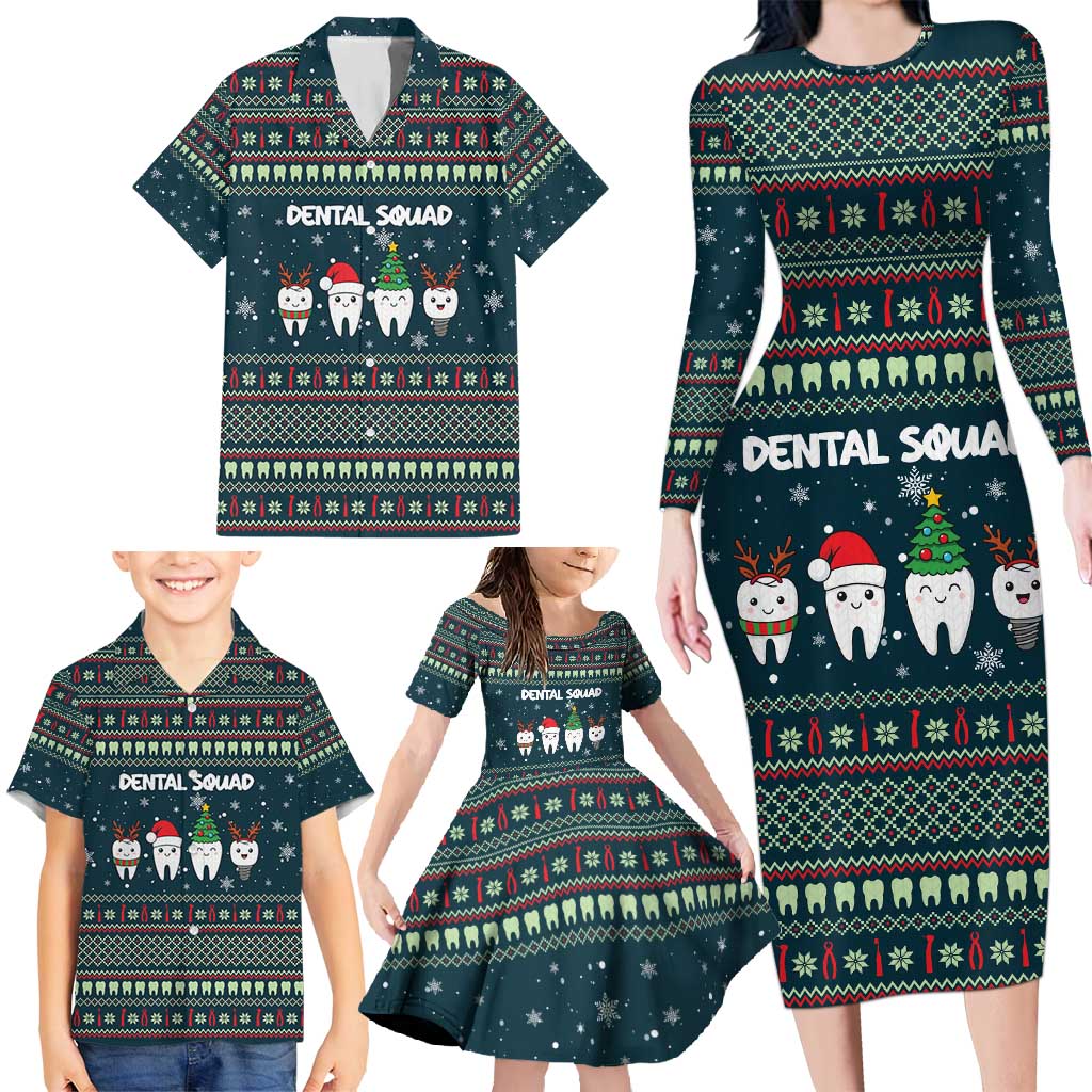 Funny Christmas Dental Squad Tooth Characters Family Matching Long Sleeve Bodycon Dress and Hawaiian Shirt Snowflake Pattern Design - Wonder Print Shop