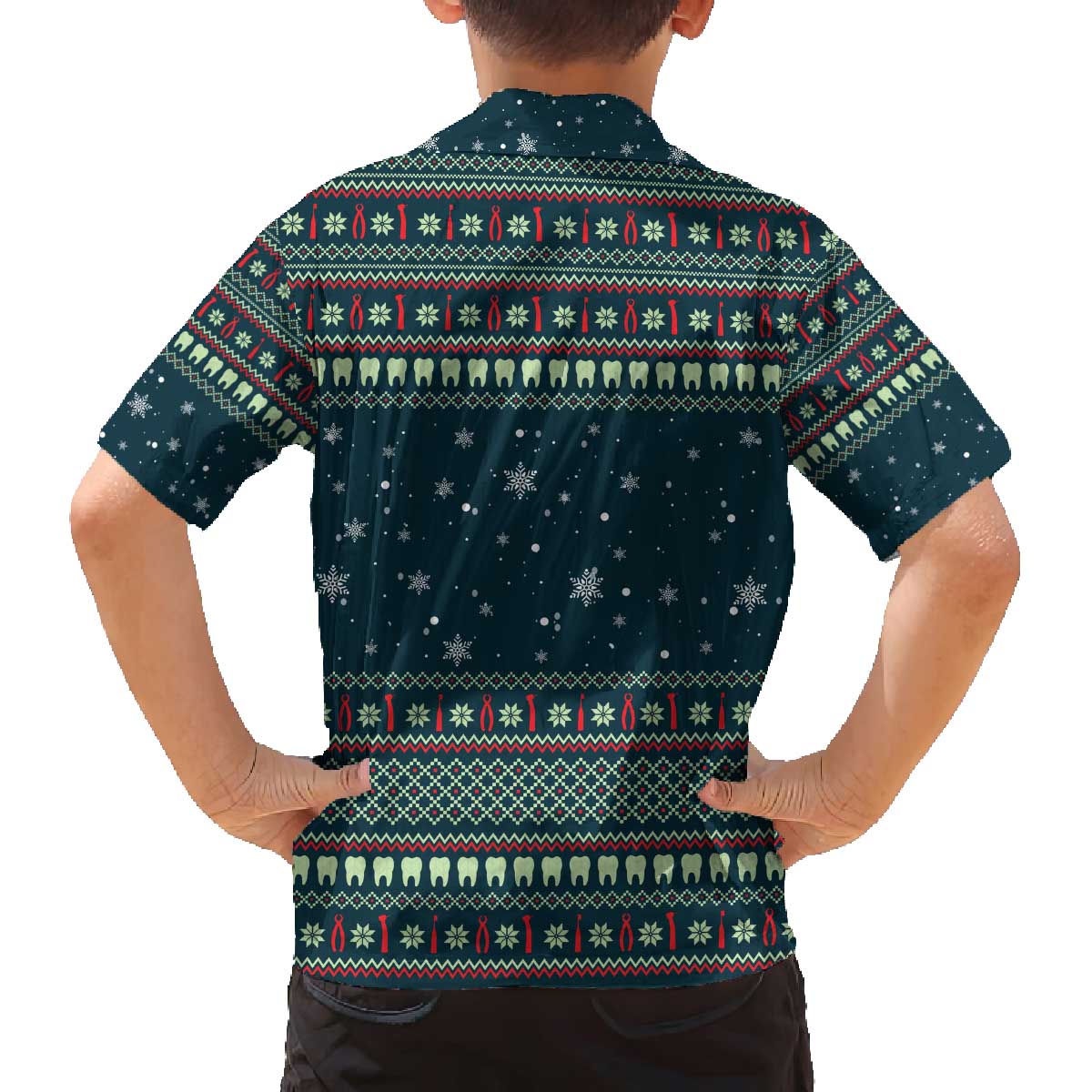 Funny Christmas Dental Squad Tooth Characters Family Matching Off The Shoulder Long Sleeve Dress and Hawaiian Shirt Snowflake Pattern Design - Wonder Print Shop