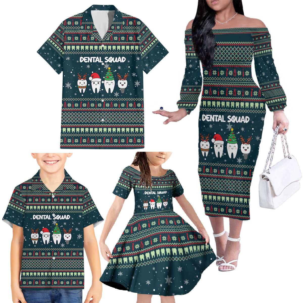 Funny Christmas Dental Squad Tooth Characters Family Matching Off The Shoulder Long Sleeve Dress and Hawaiian Shirt Snowflake Pattern Design - Wonder Print Shop