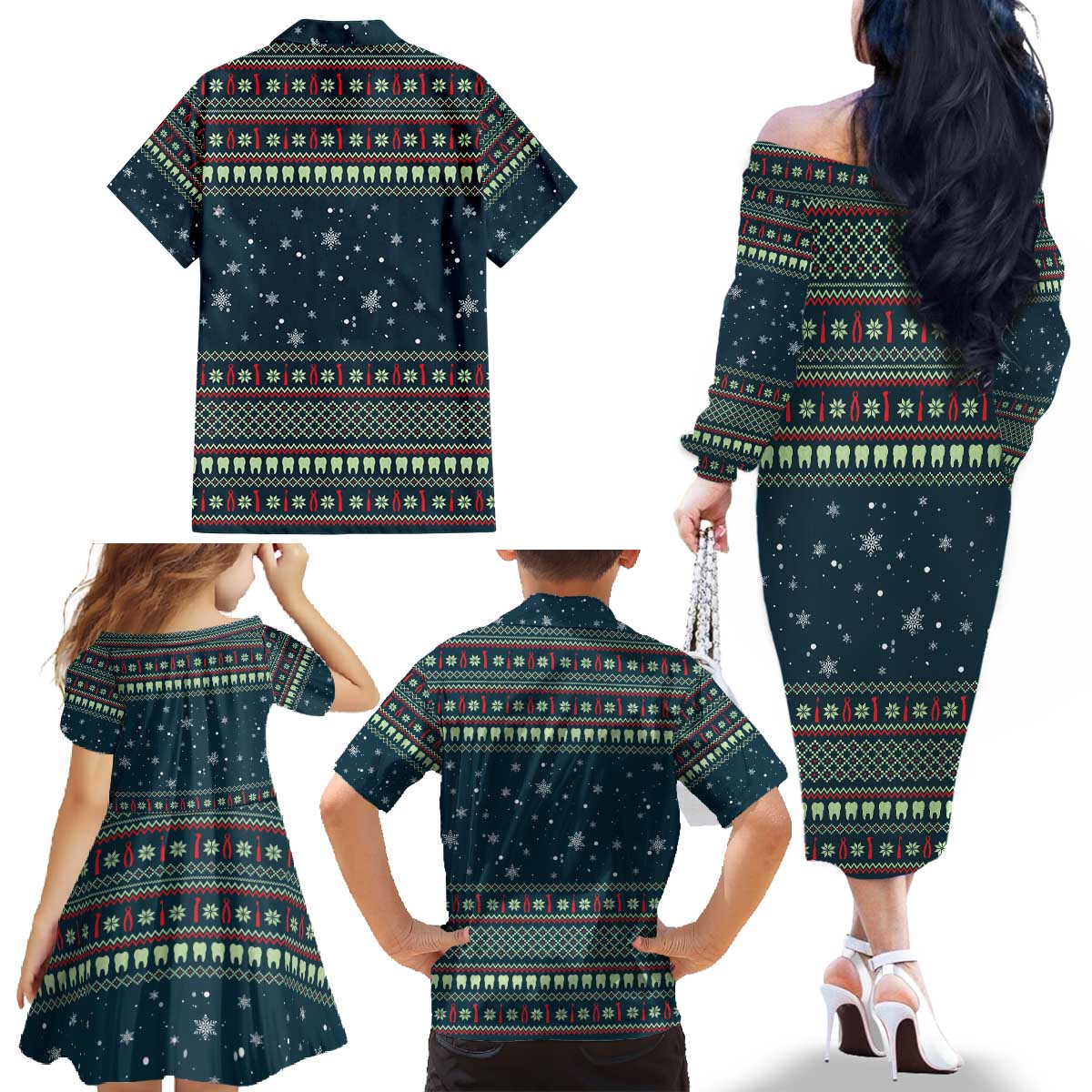 Funny Christmas Dental Squad Tooth Characters Family Matching Off The Shoulder Long Sleeve Dress and Hawaiian Shirt Snowflake Pattern Design - Wonder Print Shop