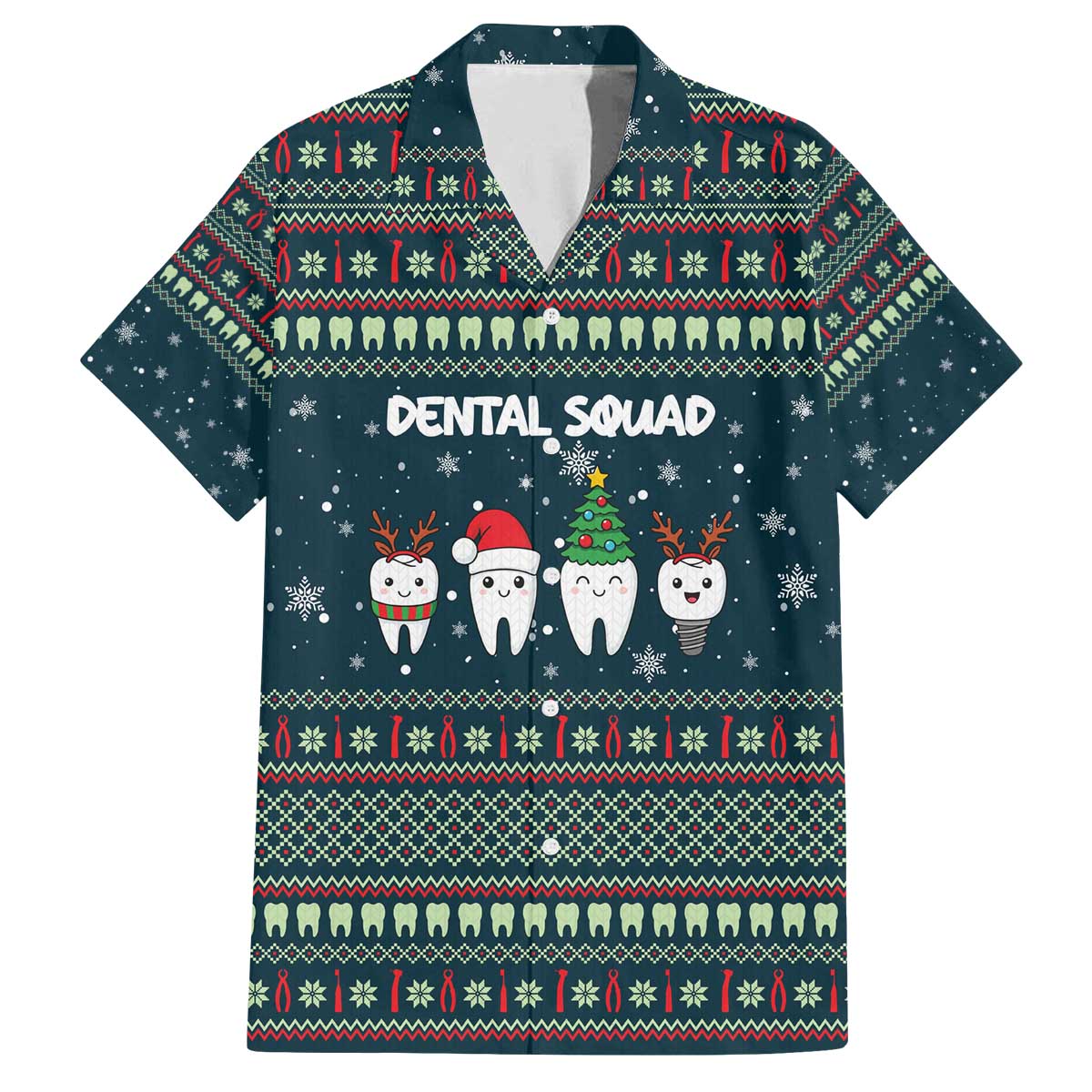 Funny Christmas Dental Squad Tooth Characters Family Matching Off The Shoulder Long Sleeve Dress and Hawaiian Shirt Snowflake Pattern Design - Wonder Print Shop