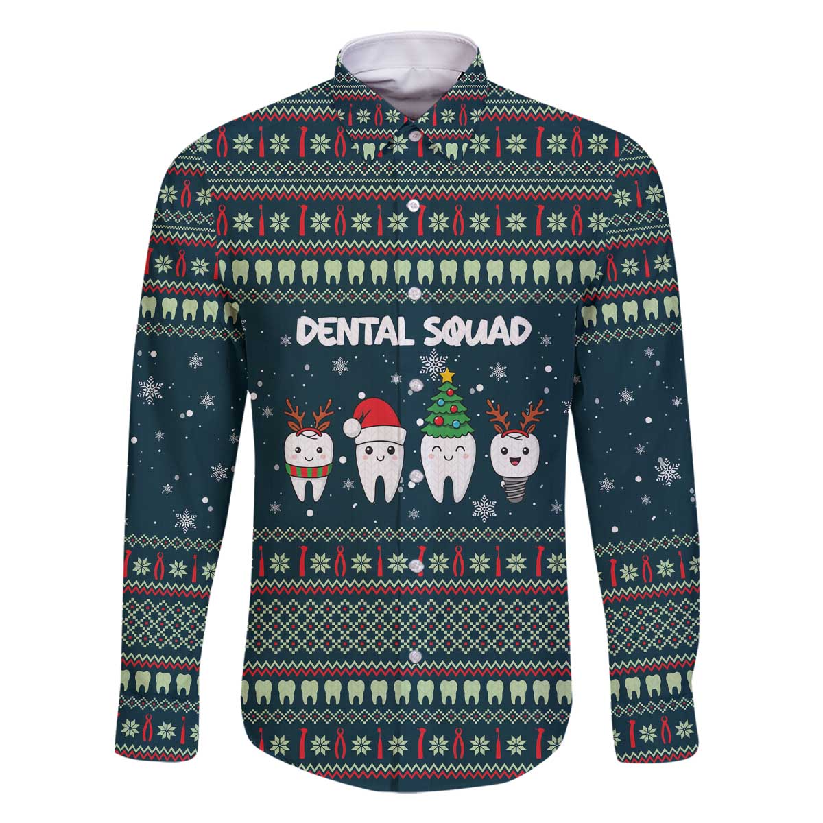 Funny Christmas Dental Squad Tooth Characters Family Matching Off The Shoulder Long Sleeve Dress and Hawaiian Shirt Snowflake Pattern Design - Wonder Print Shop