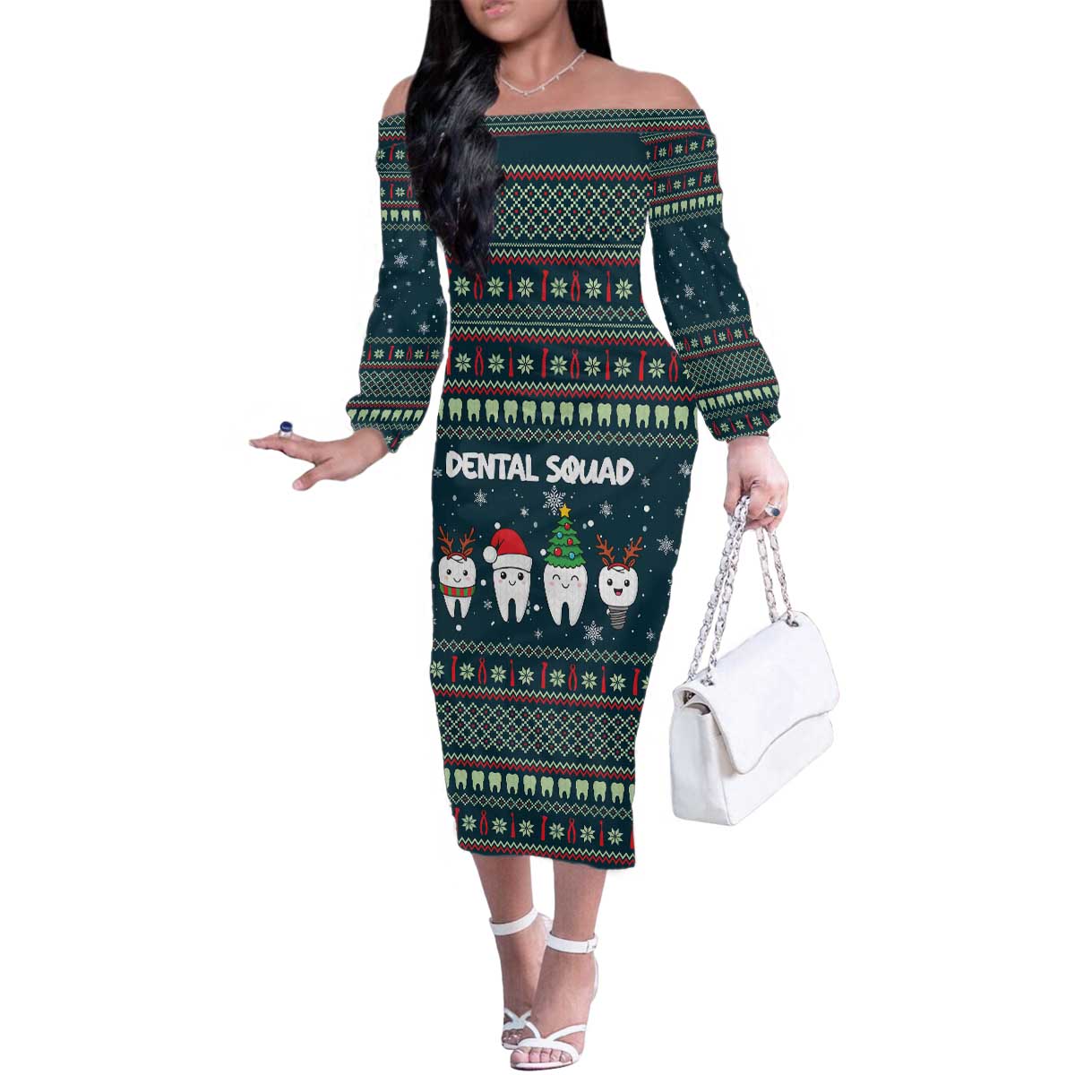 Funny Christmas Dental Squad Tooth Characters Family Matching Off The Shoulder Long Sleeve Dress and Hawaiian Shirt Snowflake Pattern Design - Wonder Print Shop