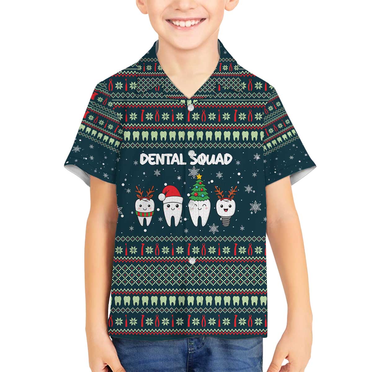 Funny Christmas Dental Squad Tooth Characters Family Matching Off The Shoulder Long Sleeve Dress and Hawaiian Shirt Snowflake Pattern Design - Wonder Print Shop