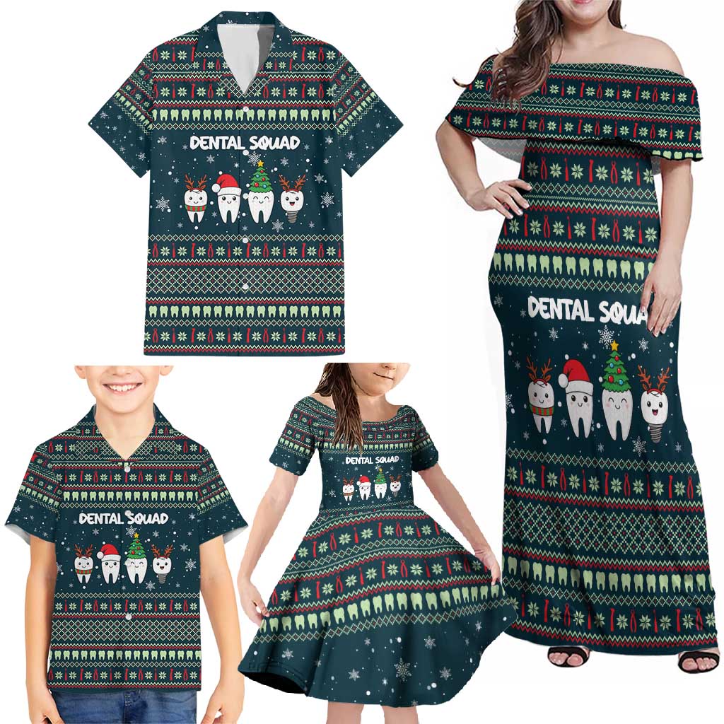 Funny Christmas Dental Squad Tooth Characters Family Matching Off Shoulder Maxi Dress and Hawaiian Shirt Snowflake Pattern Design - Wonder Print Shop
