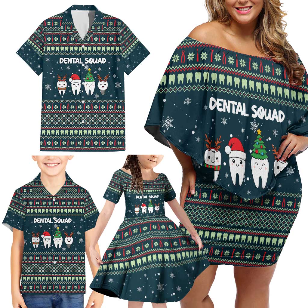 Funny Christmas Dental Squad Tooth Characters Family Matching Off Shoulder Short Dress and Hawaiian Shirt Snowflake Pattern Design - Wonder Print Shop