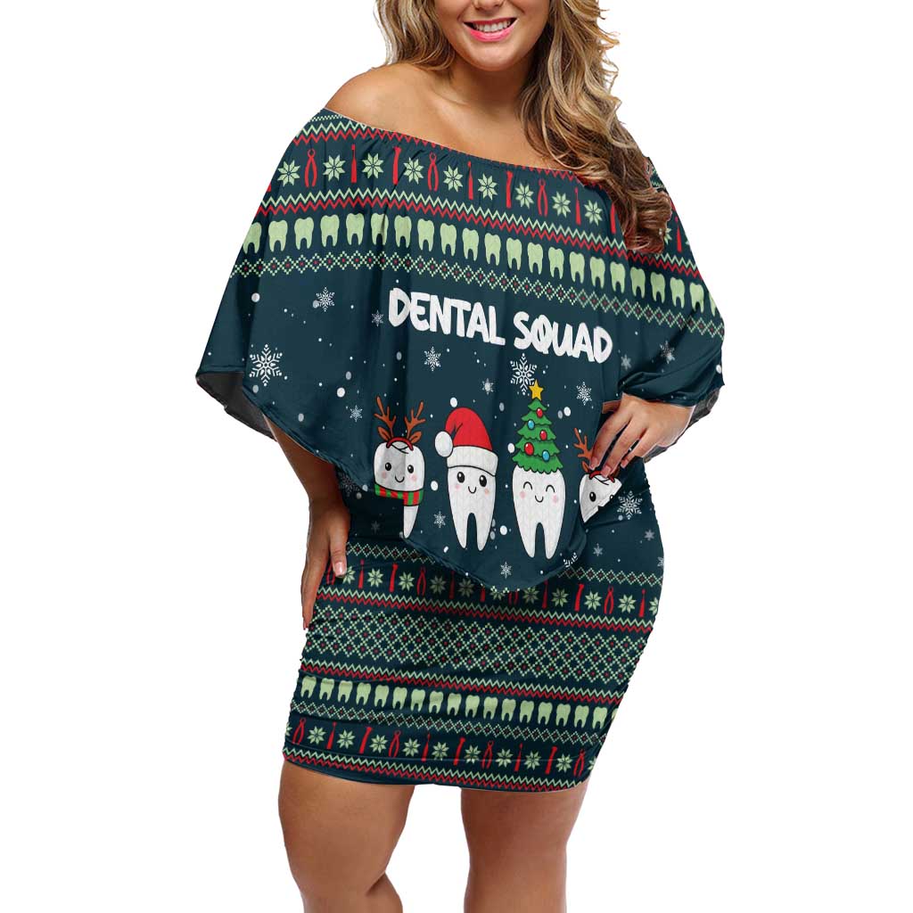 Funny Christmas Dental Squad Tooth Characters Family Matching Off Shoulder Short Dress and Hawaiian Shirt Snowflake Pattern Design - Wonder Print Shop