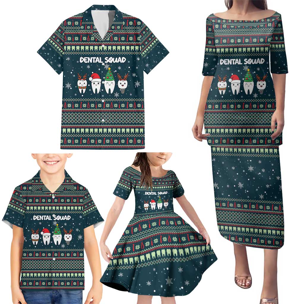 Funny Christmas Dental Squad Tooth Characters Family Matching Puletasi and Hawaiian Shirt Snowflake Pattern Design - Wonder Print Shop