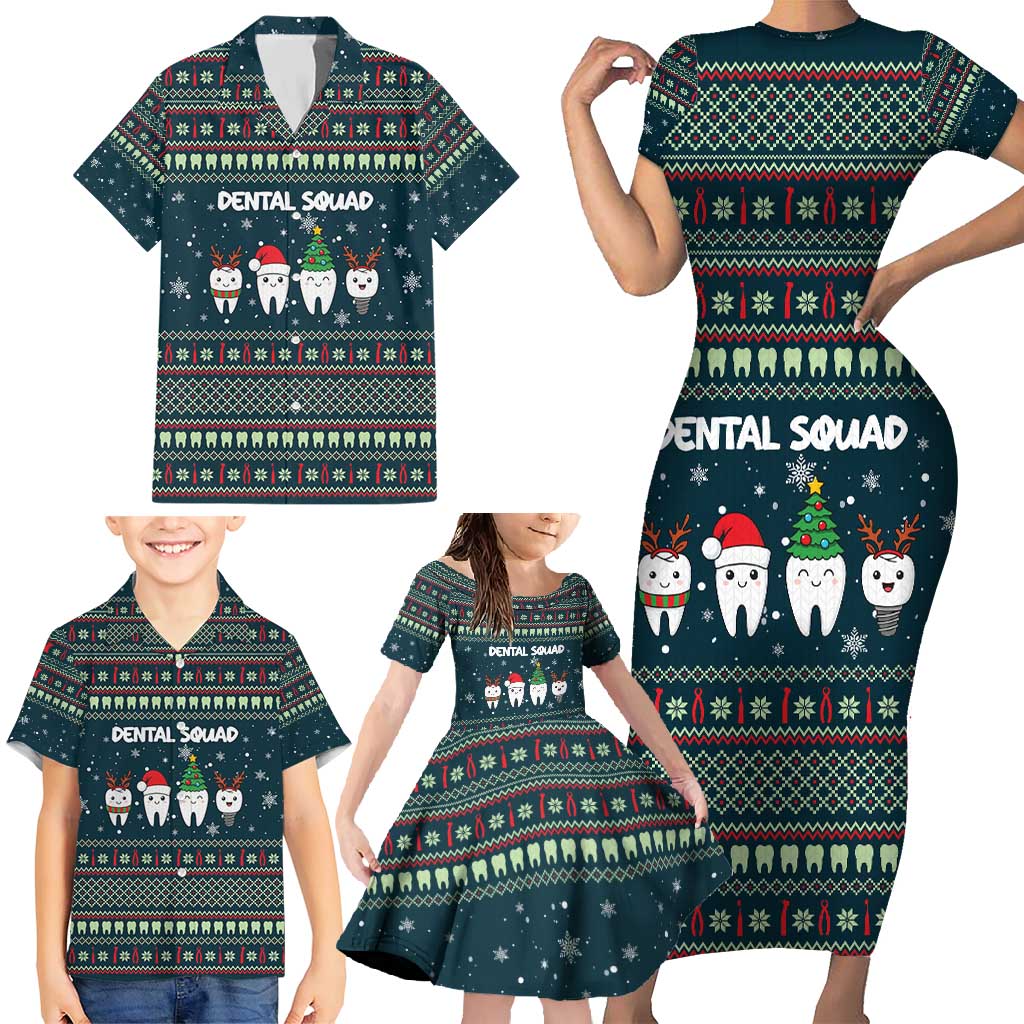 Funny Christmas Dental Squad Tooth Characters Family Matching Short Sleeve Bodycon Dress and Hawaiian Shirt Snowflake Pattern Design - Wonder Print Shop