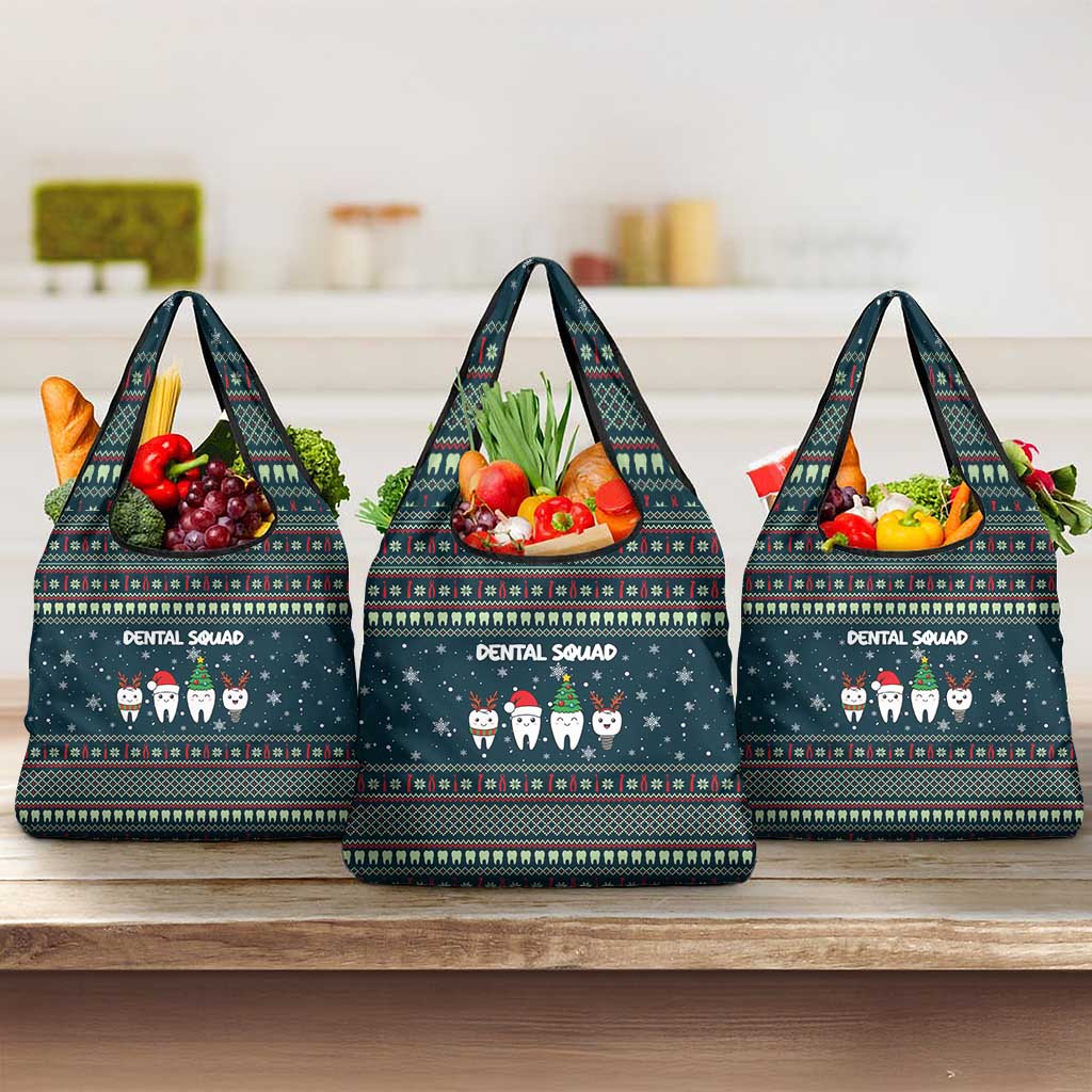 Funny Christmas Dental Squad Tooth Characters Grocery Bag Snowflake Pattern Design - Wonder Print Shop