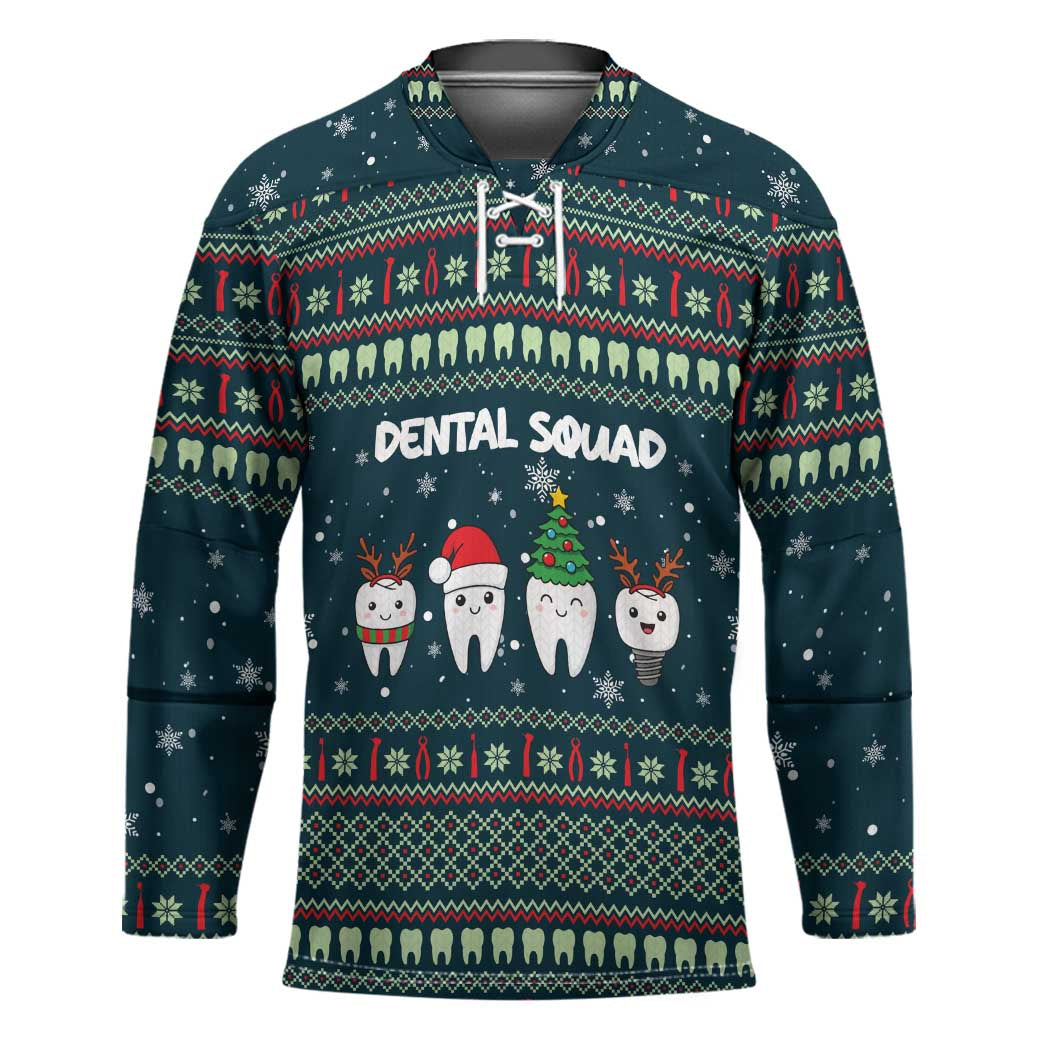 Funny Christmas Dental Squad Tooth Characters Hockey Jersey Snowflake Pattern Design - Wonder Print Shop