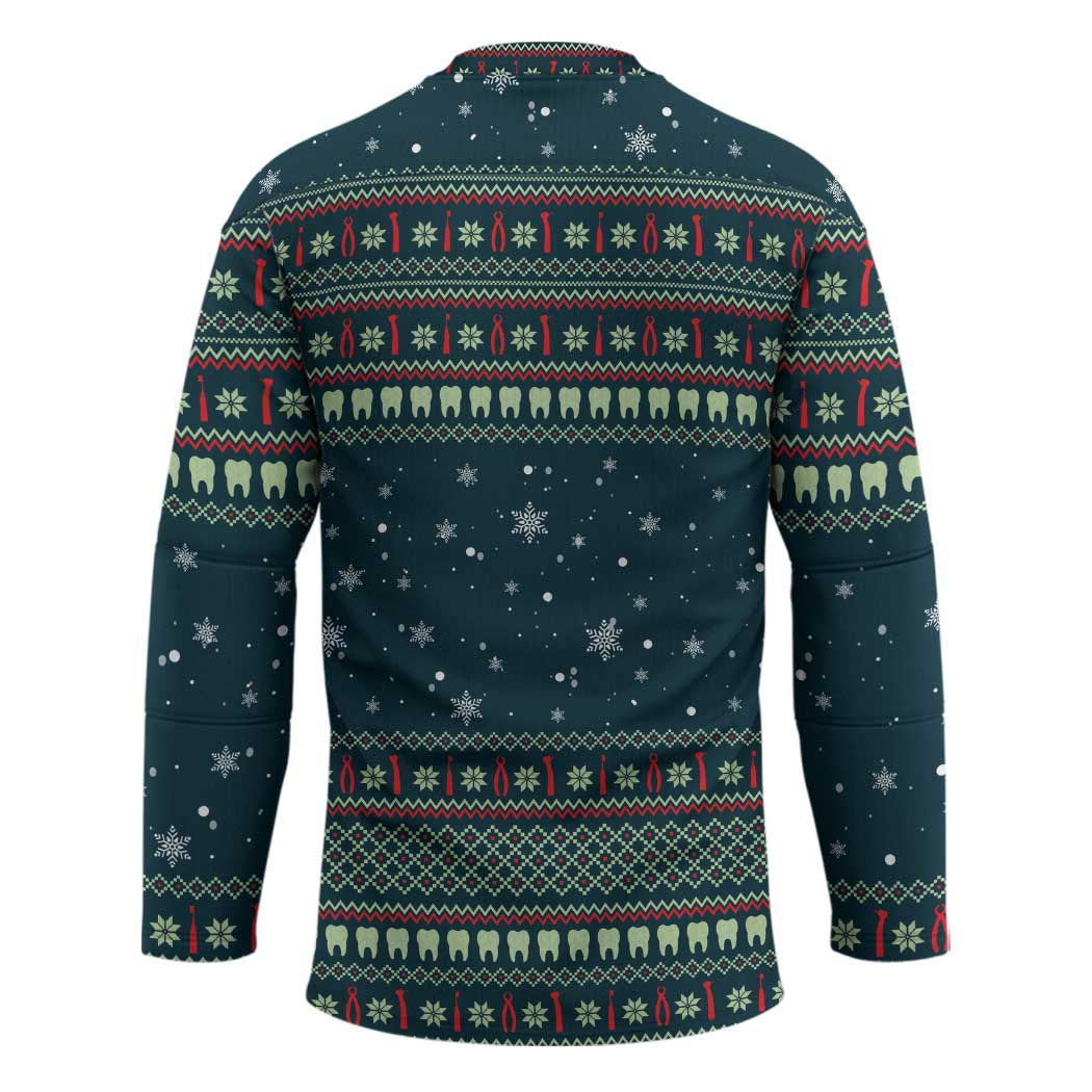 Funny Christmas Dental Squad Tooth Characters Hockey Jersey Snowflake Pattern Design - Wonder Print Shop