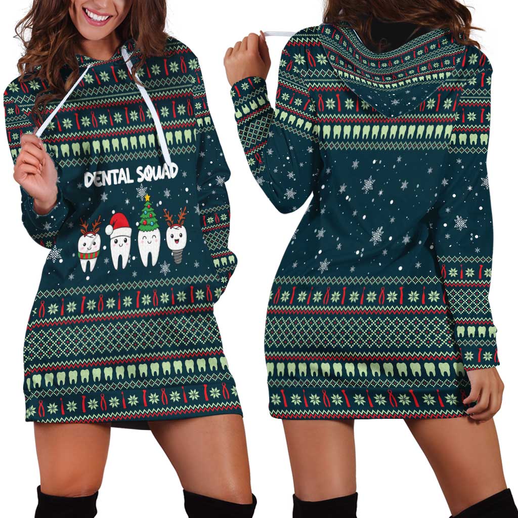 Funny Christmas Dental Squad Tooth Characters Hoodie Dress Snowflake Pattern Design - Wonder Print Shop