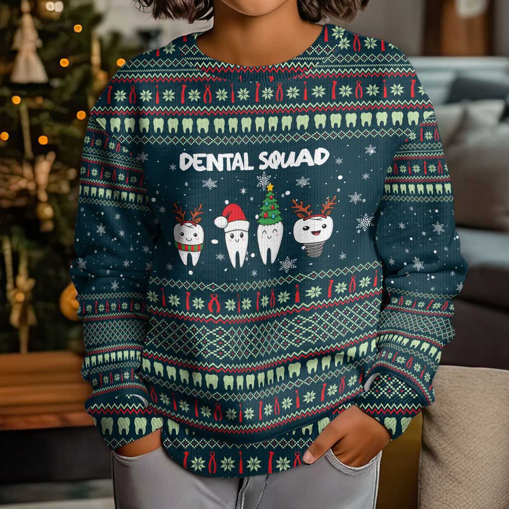 Funny Christmas Dental Squad Tooth Characters Kid Ugly Christmas Sweater Snowflake Pattern Design - Wonder Print Shop