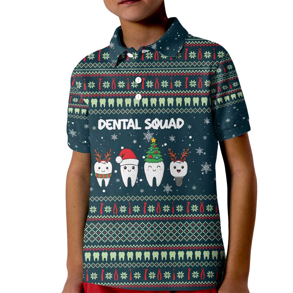 Funny Christmas Dental Squad Tooth Characters Kid Polo Shirt Snowflake Pattern Design - Wonder Print Shop