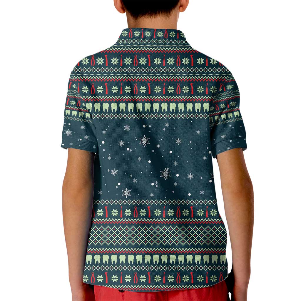 Funny Christmas Dental Squad Tooth Characters Kid Polo Shirt Snowflake Pattern Design - Wonder Print Shop
