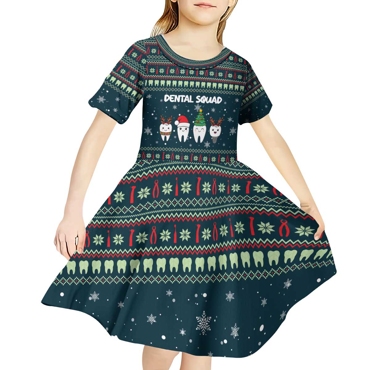 Funny Christmas Dental Squad Tooth Characters Kid Short Sleeve Dress Snowflake Pattern Design - Wonder Print Shop