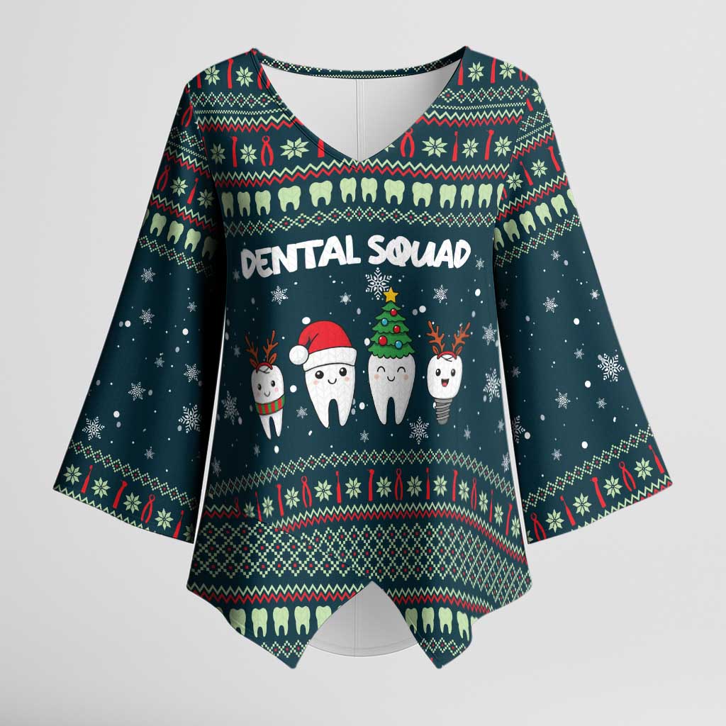 Funny Christmas Dental Squad Tooth Characters Kimono Sleeve Blouse Snowflake Pattern Design - Wonder Print Shop