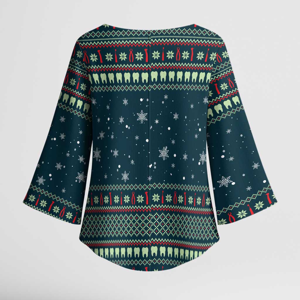 Funny Christmas Dental Squad Tooth Characters Kimono Sleeve Blouse Snowflake Pattern Design - Wonder Print Shop