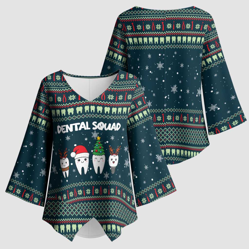 Funny Christmas Dental Squad Tooth Characters Kimono Sleeve Blouse Snowflake Pattern Design - Wonder Print Shop