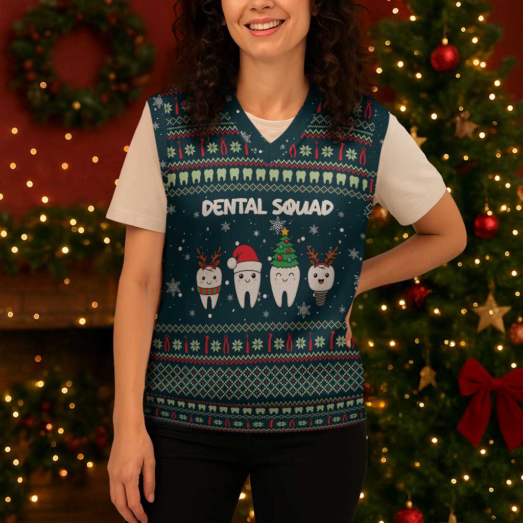 Funny Christmas Dental Squad Tooth Characters Christmas Knitted V-Neck Vest Snowflake Pattern Design - Wonder Print Shop