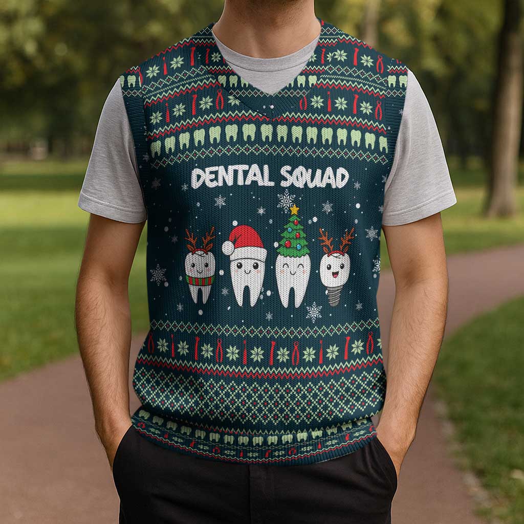 Funny Christmas Dental Squad Tooth Characters Christmas Knitted V-Neck Vest Snowflake Pattern Design - Wonder Print Shop