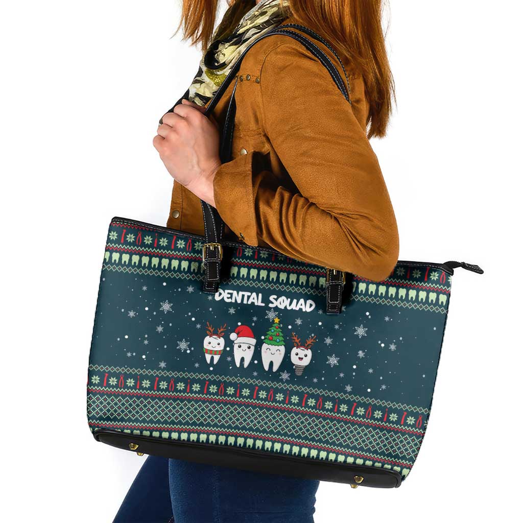 Funny Christmas Dental Squad Tooth Characters Leather Tote Bag Snowflake Pattern Design - Wonder Print Shop