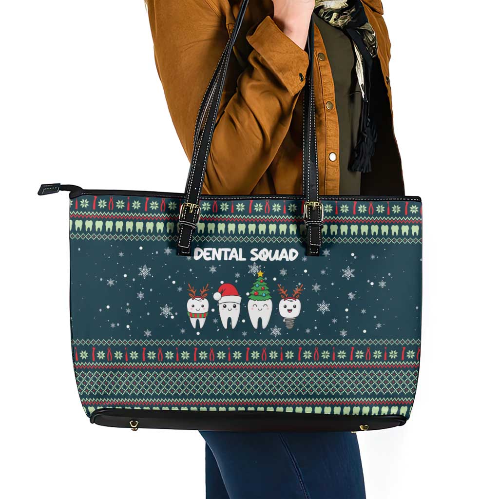 Funny Christmas Dental Squad Tooth Characters Leather Tote Bag Snowflake Pattern Design - Wonder Print Shop